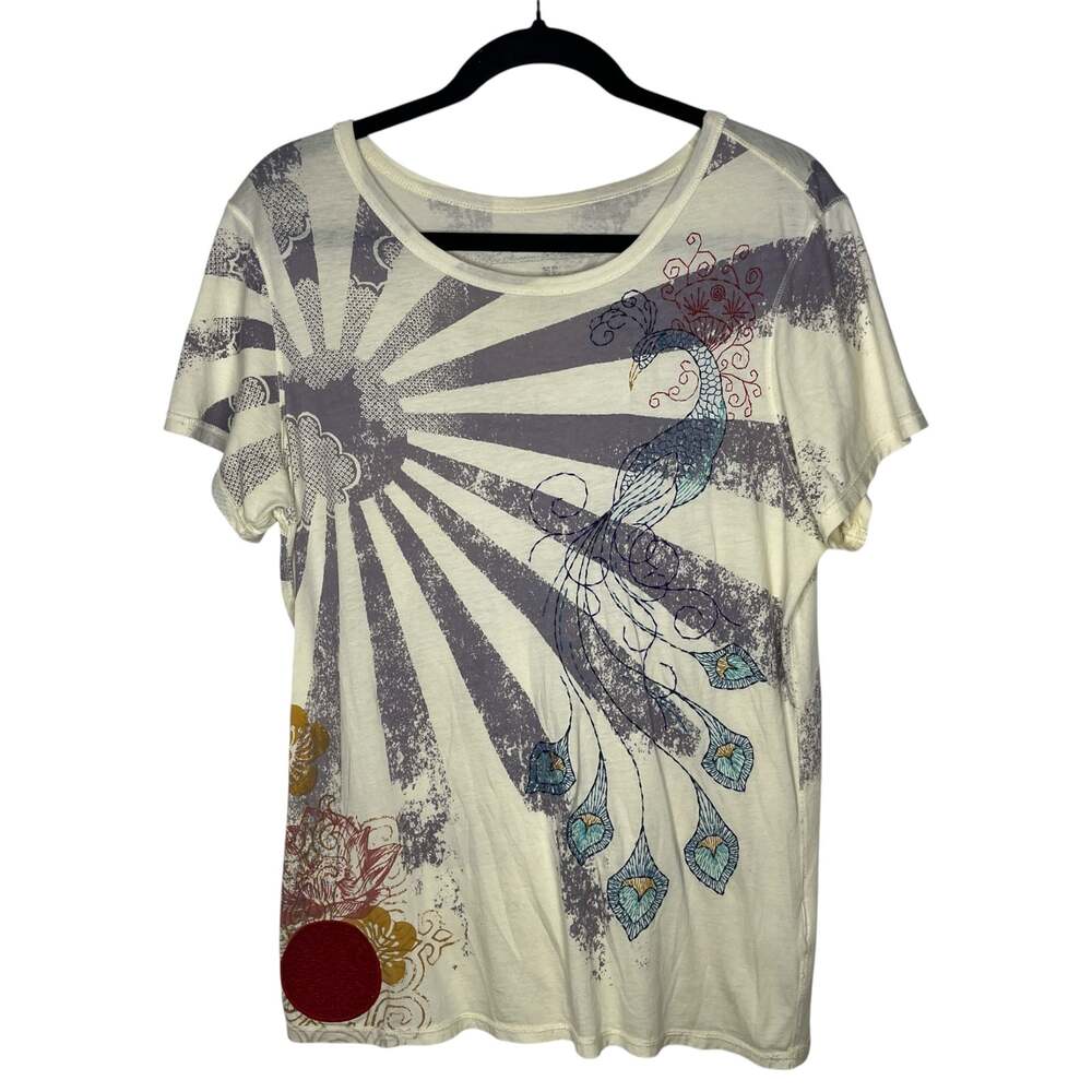 Lucky Brand T-Shirt XL Cream Sunburst Peacock Graphic Double Sided Print Cotton